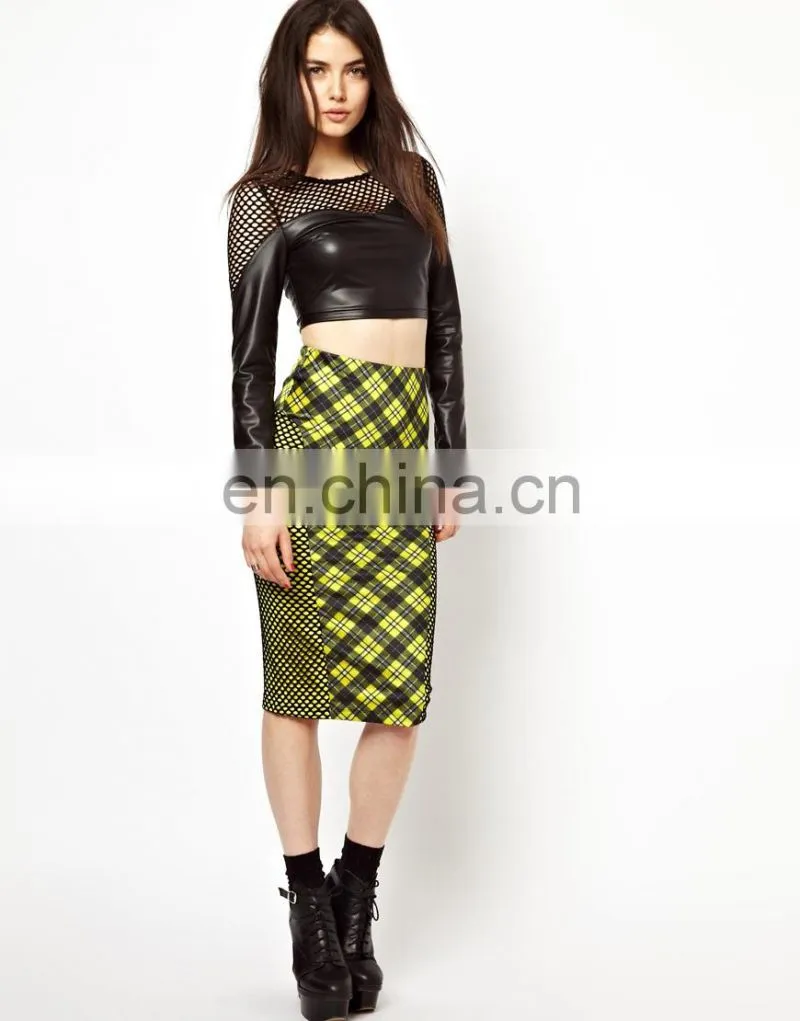 2014 lady's fashion Mesh PU Top
