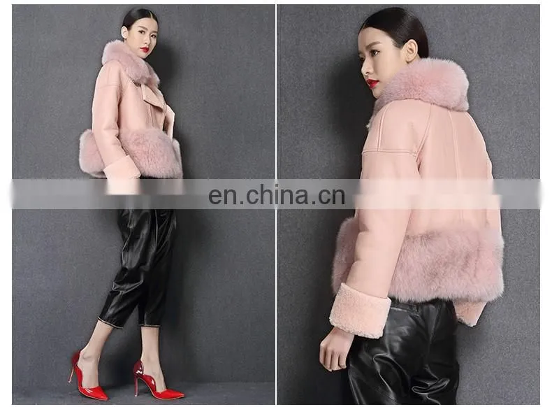 Korean Style High Quality Clothing Winter Women Leather Jacket with Fox Fur Collar