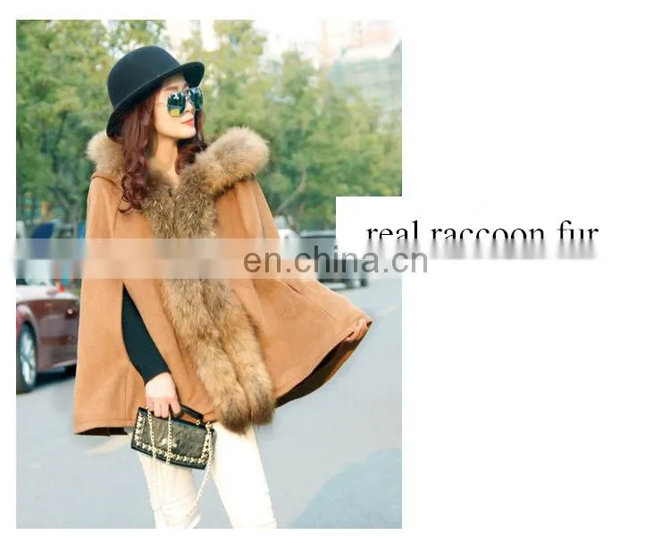 Great Quality Wool Shawl Coat Genuine Raccoon Fur Cape with Fur Hood