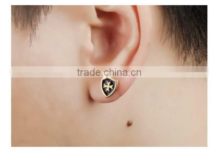 Men's titanium steel stud earrings golden shield cross mini earrings punk style design