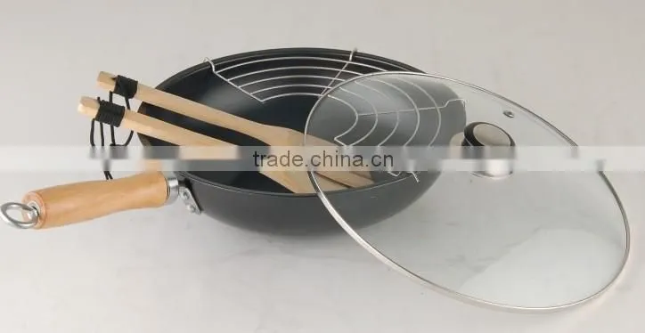 carbon steel non stick wok pan with glass lid and spoon