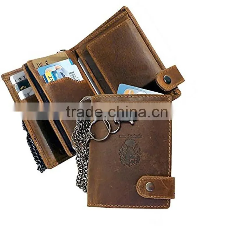 Brown vintage genuine leather biker wallet mens wallet with chain