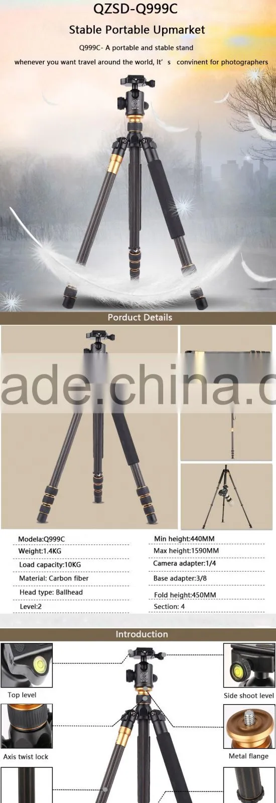Q999C carbon fiber Professional digital camera tripod video dslr zomei sirui weifeng jieyang obo manfrotto profoto monopod
