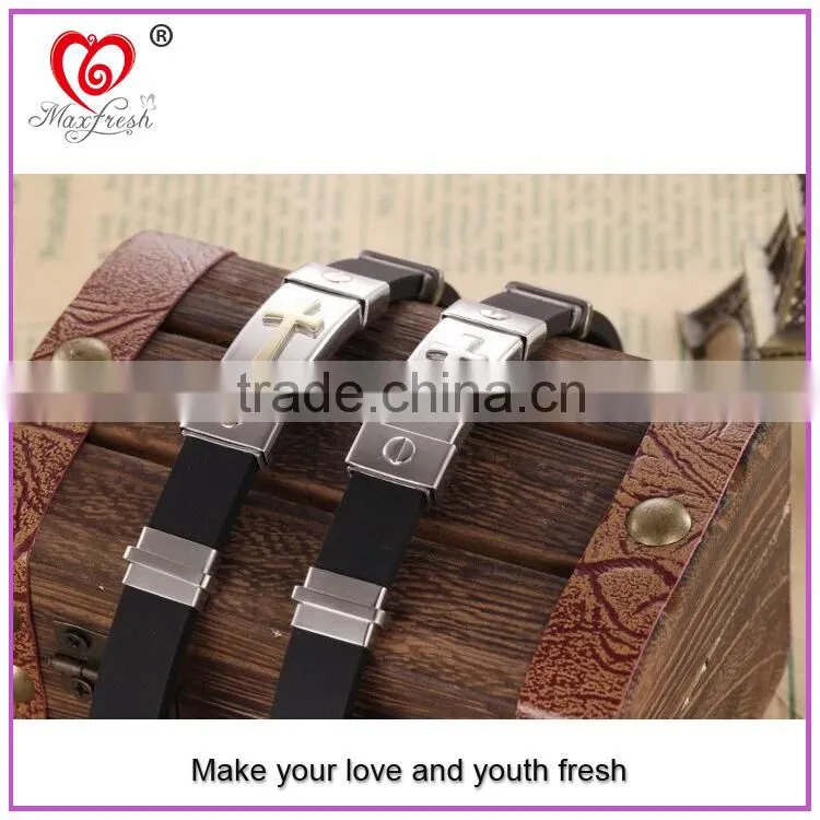 Chinese Manufacturer Maxfresh Stainless Steel Jewelry Bracelet with Genuine Leather length adjustable