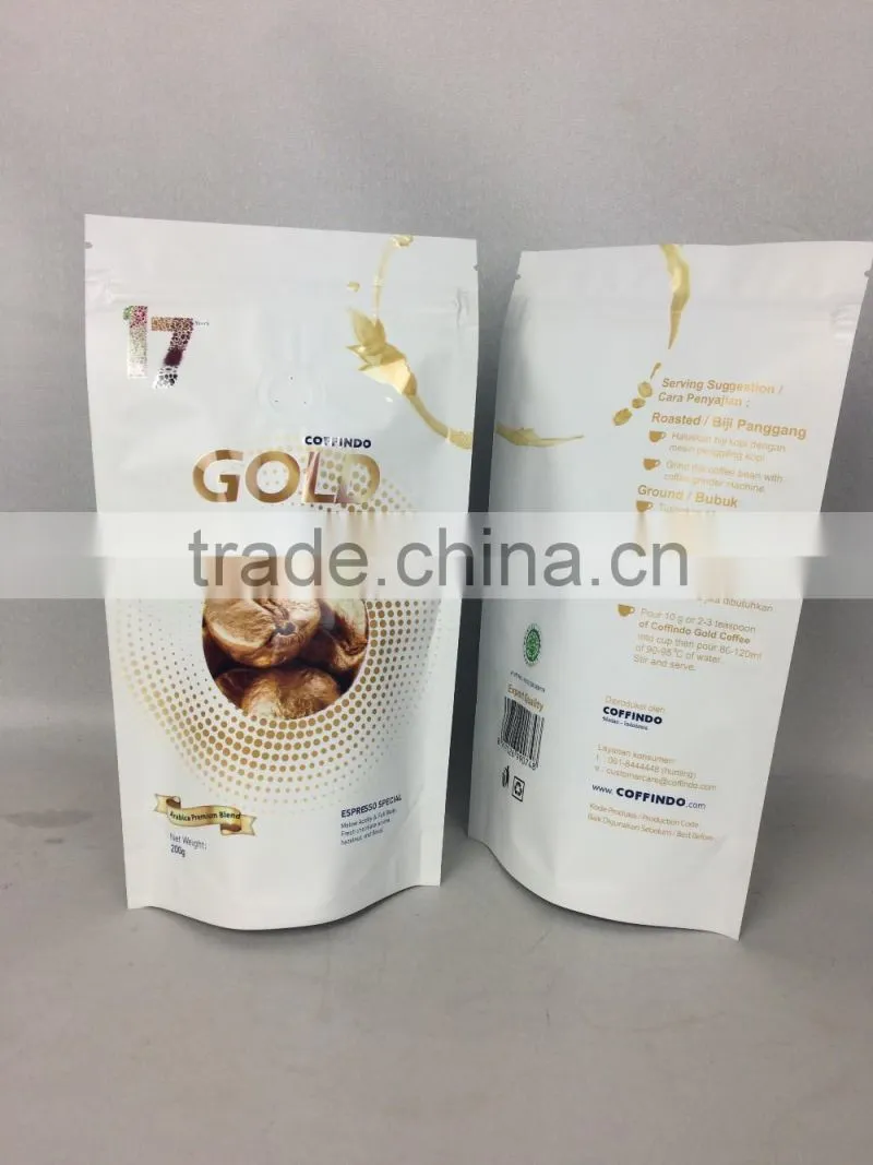 zip lock stand up plastic coffee bag pouch with valve
