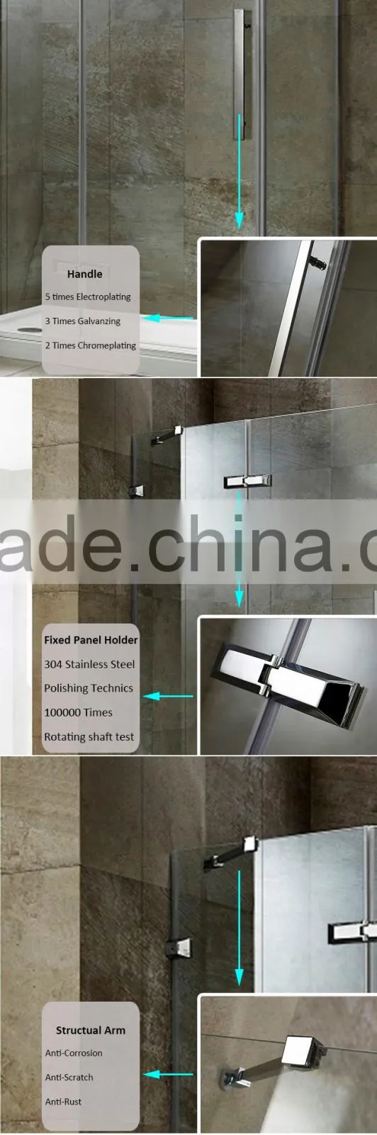 Bathroom Sanitary Ware Free Standing Hinge Style 10mm Tempered Glass Stainless Steel Sex Shower Room