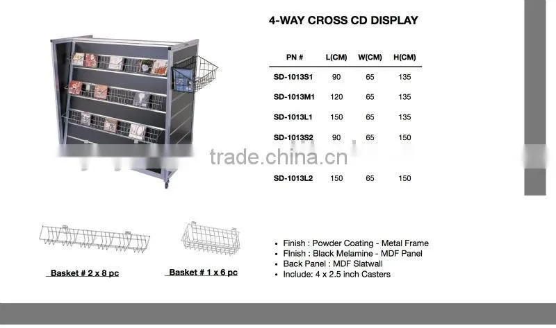 4 Way MDF slatwall CD Rack - with wire basket