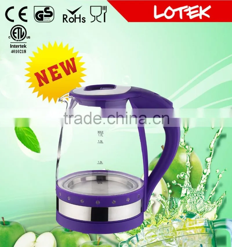 colorful blue led light ring glass electric kettle with 1.7L capacity