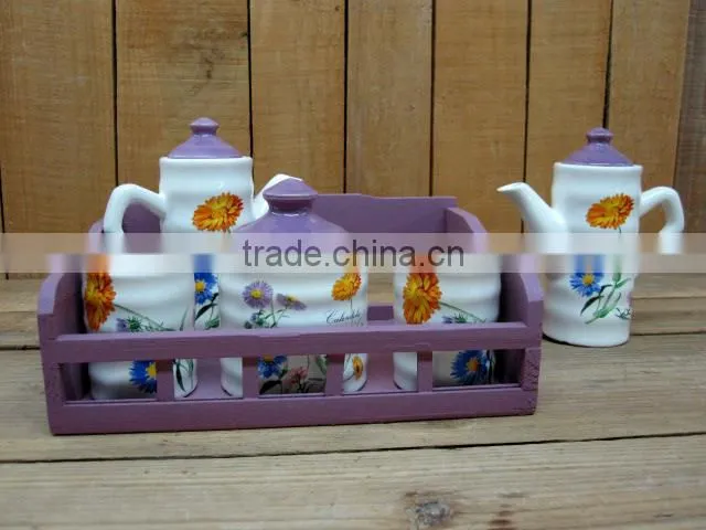 Wholesale Ceramic Condiment Set for Salt Sugar Pepper Oil and Vinegar Storage with Wooden Stand