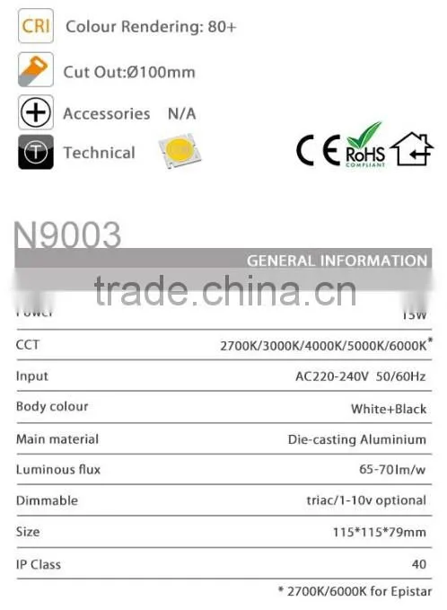 ONN9003 CE approval dimmable 15W COB/Genesis led ceiling downlight