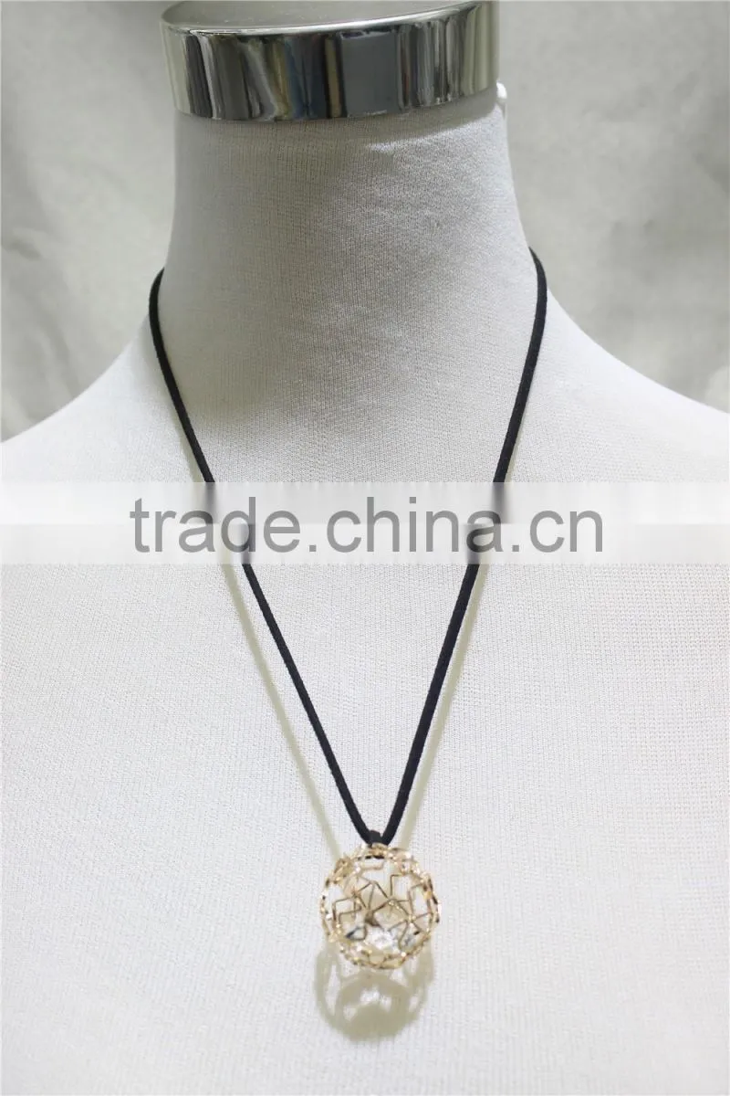 Goldtone Star Ball Cage Clear Diamond w/ Black String Pendant Necklace 2016 Fashion Style Wholesale