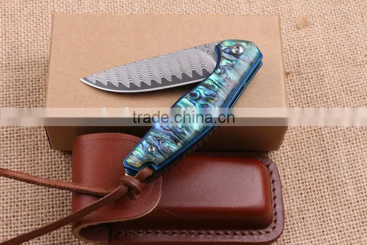 OEM Damascus pocket knife Application and Abalone Handle knife