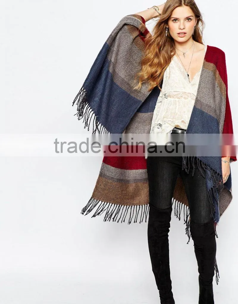 elegant Striped design poncho with fringe western women tassel trim Poncho