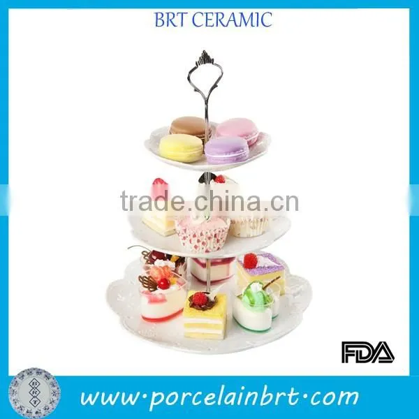 High white embossed flowers 2 or 3 levels Dessert Plate