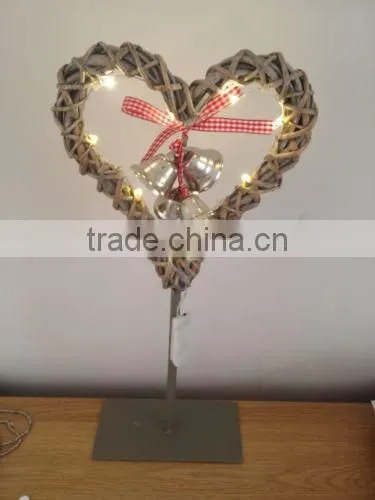 woven natural colored wicker heart shaped light decoration with stand for christmas & garden decoration