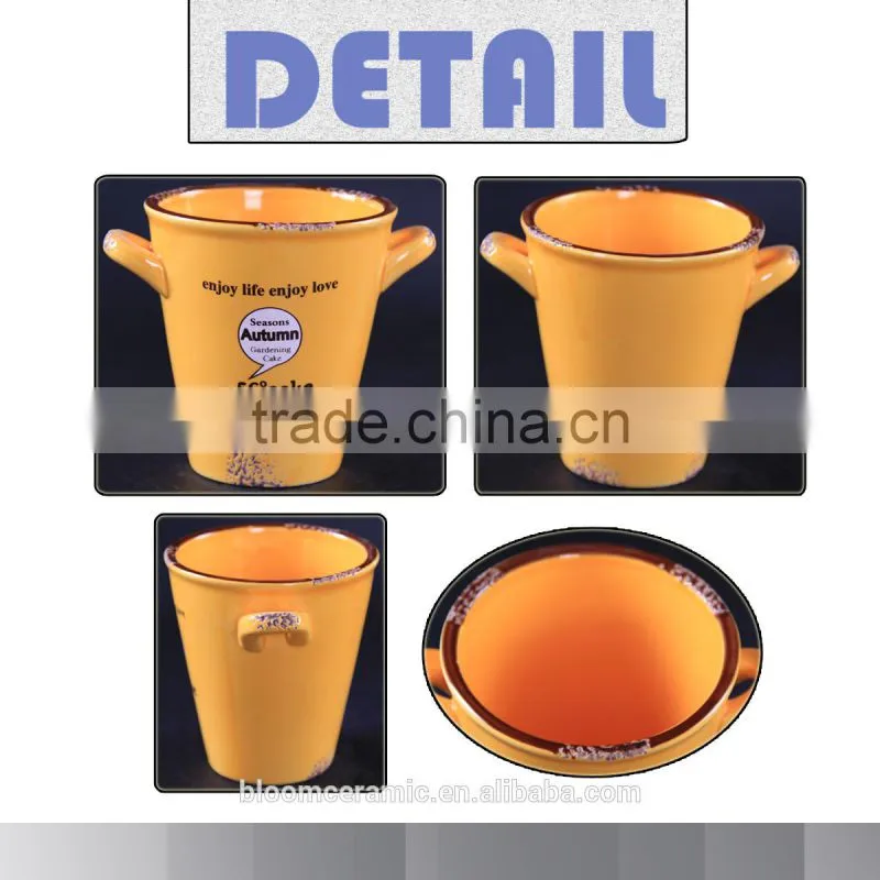 Orange ceramic planter pot,garden pot with two ears