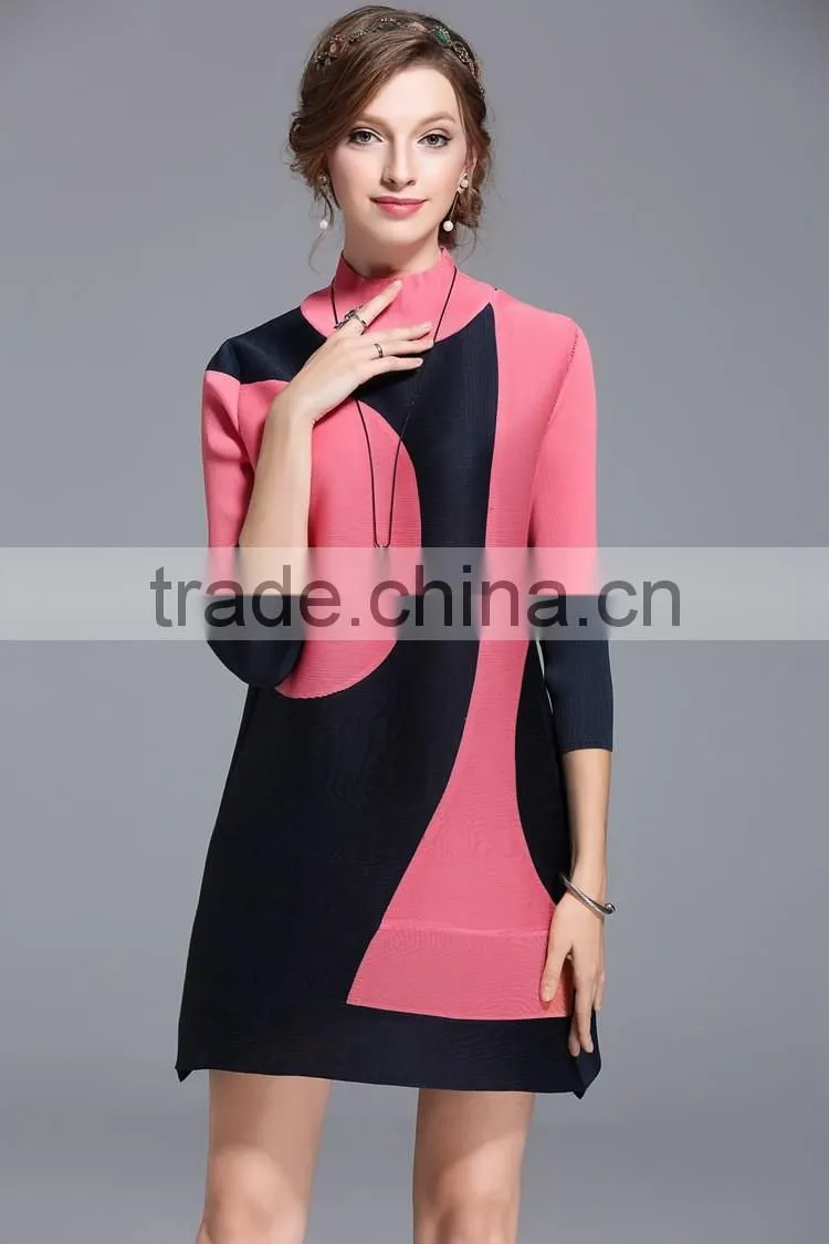 Women creased 3/4 sleeve printing high elastic dresses wholesale