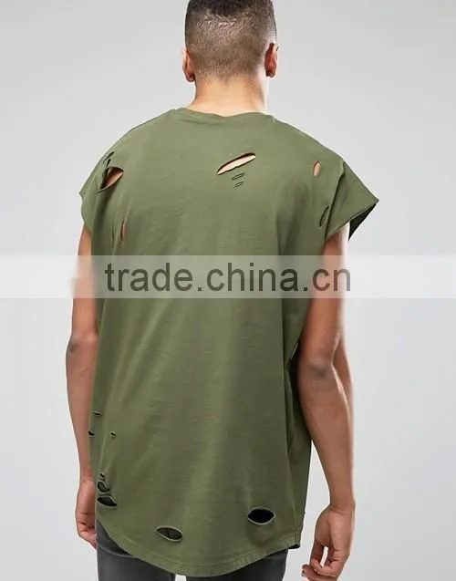 Customize men cheap 100% cotton super oversized jersey t-shirt with distressing and curved hem