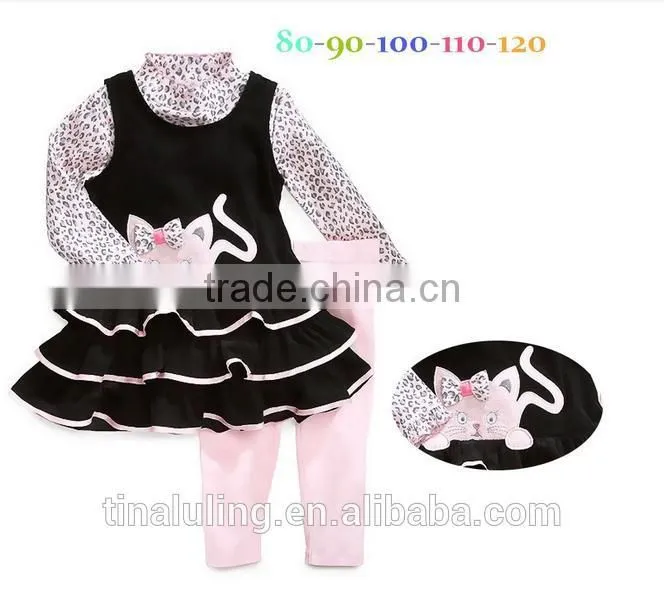 wholesale children's boutque clothing baby girls kitty printed 2pcs clothing sets leopard outfits
