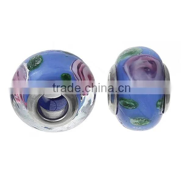 Lampwork Glass European Style Large Hole Beads Round Blue Transparent Pink Flower With 304 Stainless Steel Silver Tone Core