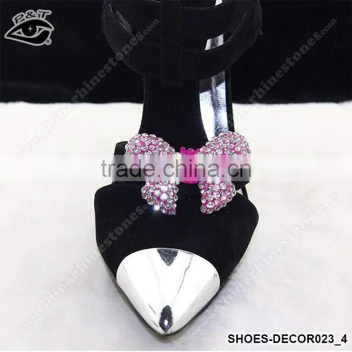 Shoe accessories pink bow tie shape rhinestone shoe ornament handmade rhinestone clips for lady shoes
