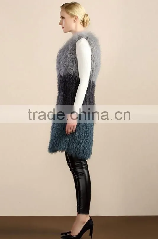 Yanran Fur Fashion YR1000 Block Color Top Quality Real Curly Lamb Hand Knit Fur Vest