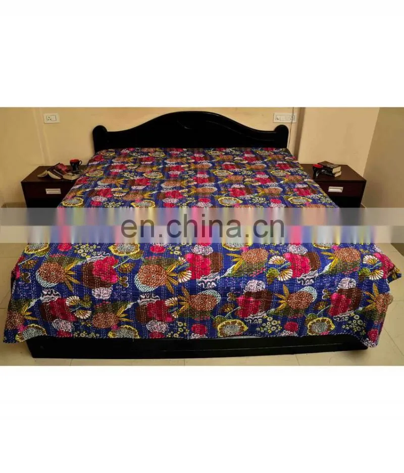 Fruit Print Kantha Quilt Indian Tropical Kantha Bed Cover Queen Size Blue Tropicana Bed Sheet