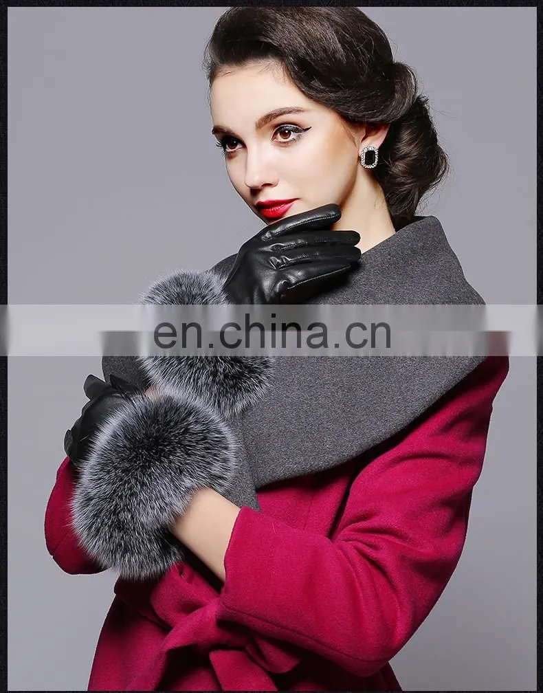 Warm Real Leather Glove With Big Genuine Fox Fur Beautiful Glove