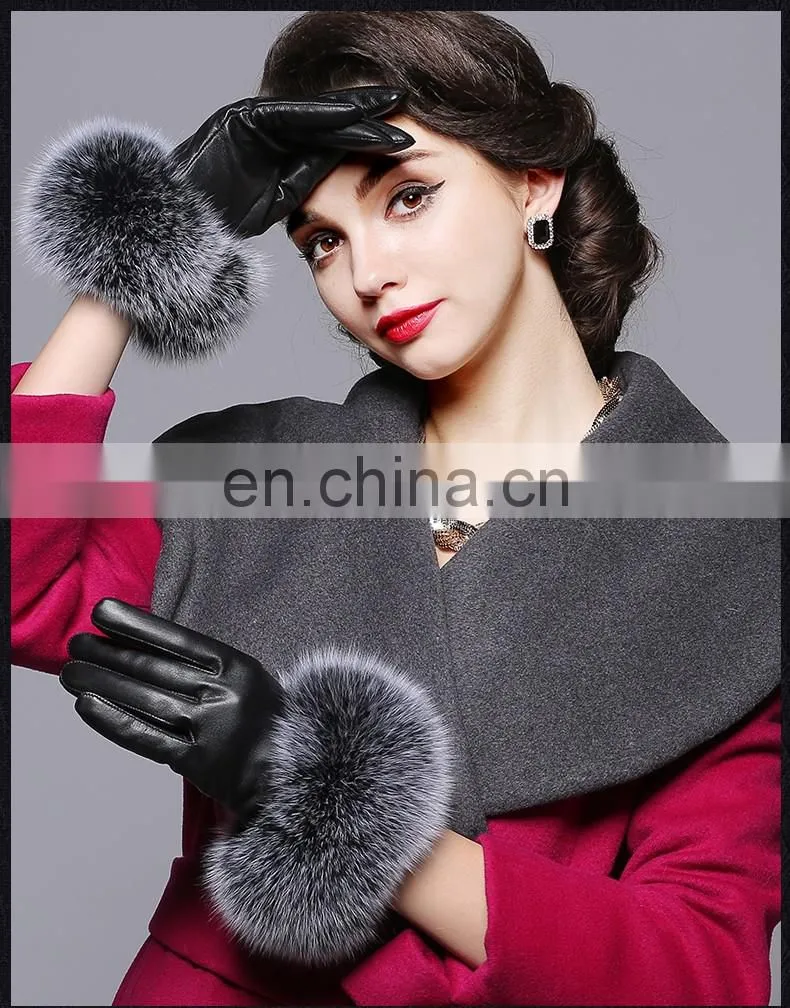 Warm Real Leather Glove With Big Genuine Fox Fur Beautiful Glove