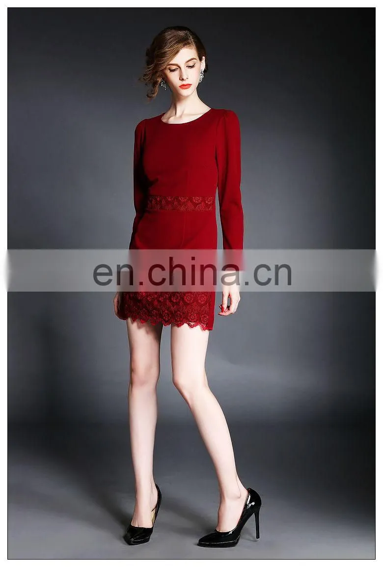 High quality ladies Maroon dress with lace trim, long sleeve fashion Autumn dress