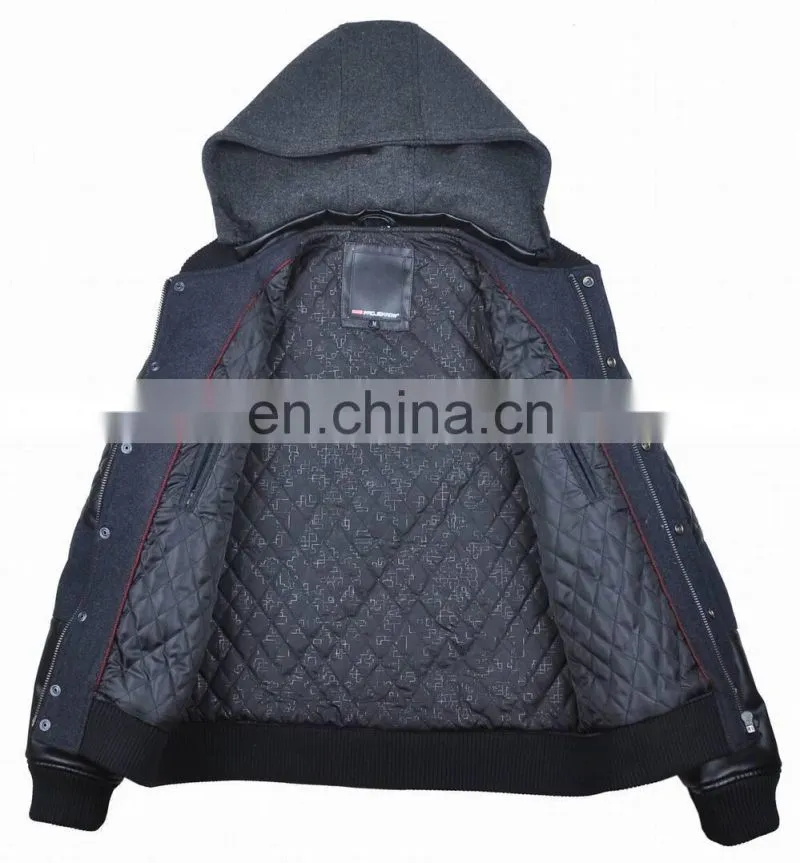 2015 last fashion quilted movable hood baseball jacket leather sleeves