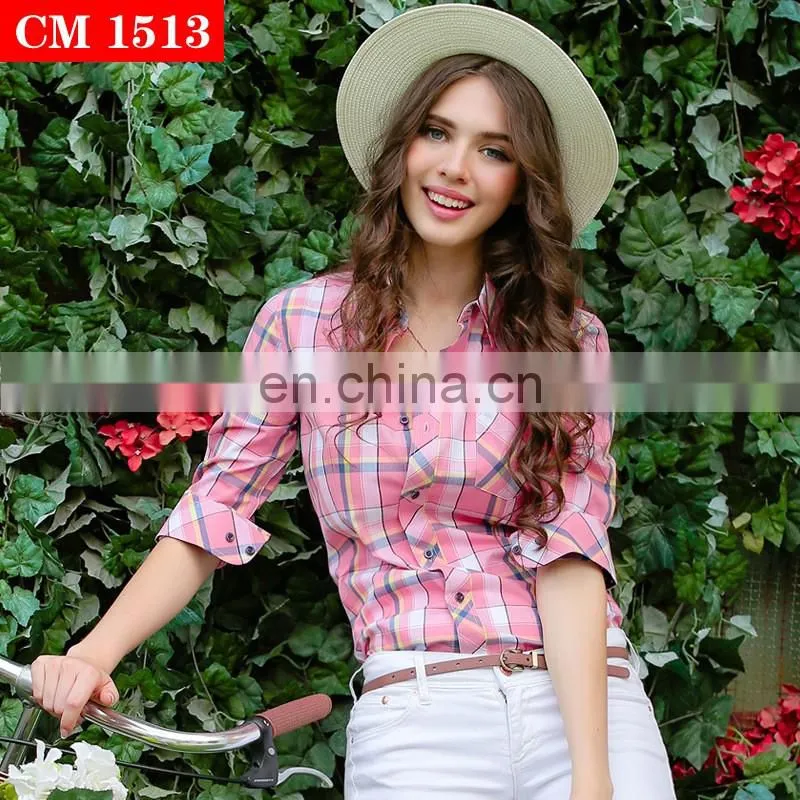 2017 latest design 100% cotton beautiful mixedcolor plaid t shirt blouse for young women
