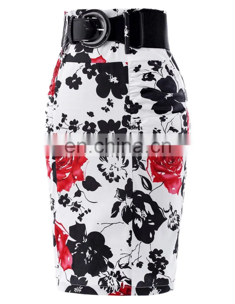 Kate Kasin Women's Shirred Detail Flower Pattern Cotton Pencil Skirt with Wide Belt KK000610-2