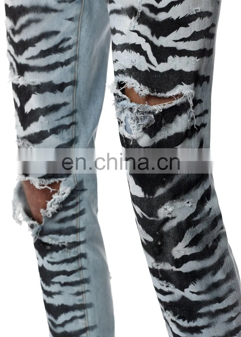 DiZNEW Tiger Pattern Destruction Skinny Denim Jeans Men for Male