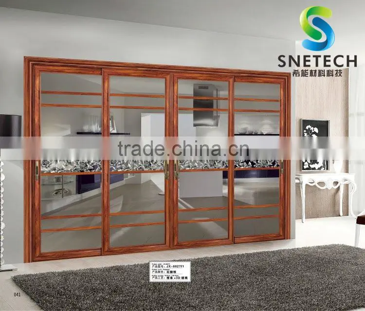 wood frames tempered glass with flower pattern strip for partition sliding doors