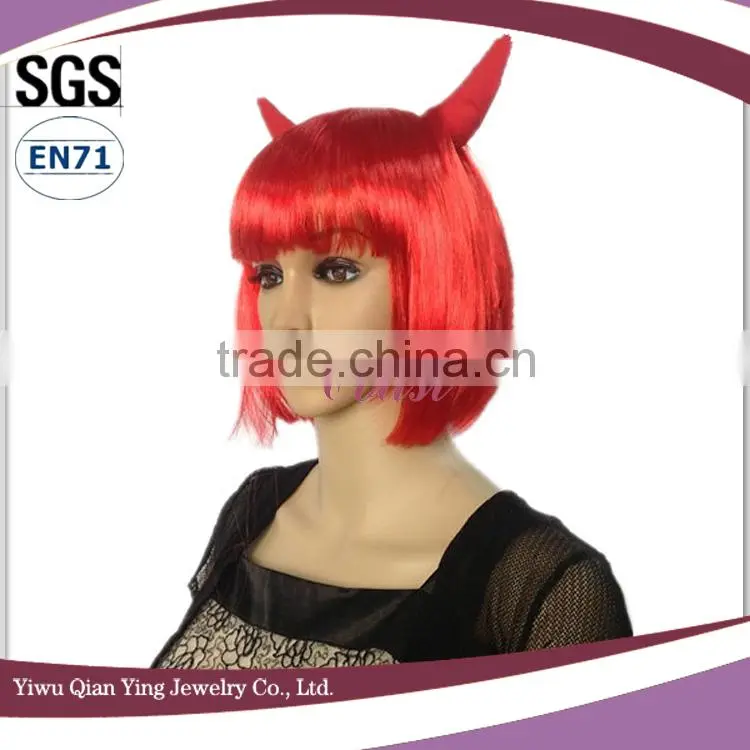 High quality short red synthetic carnival halloween wig with ox horn