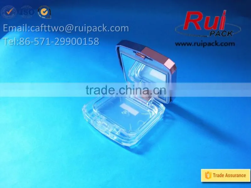 Clear square compact powder case with shiny metal cap, transparent pressed powder box with mirror