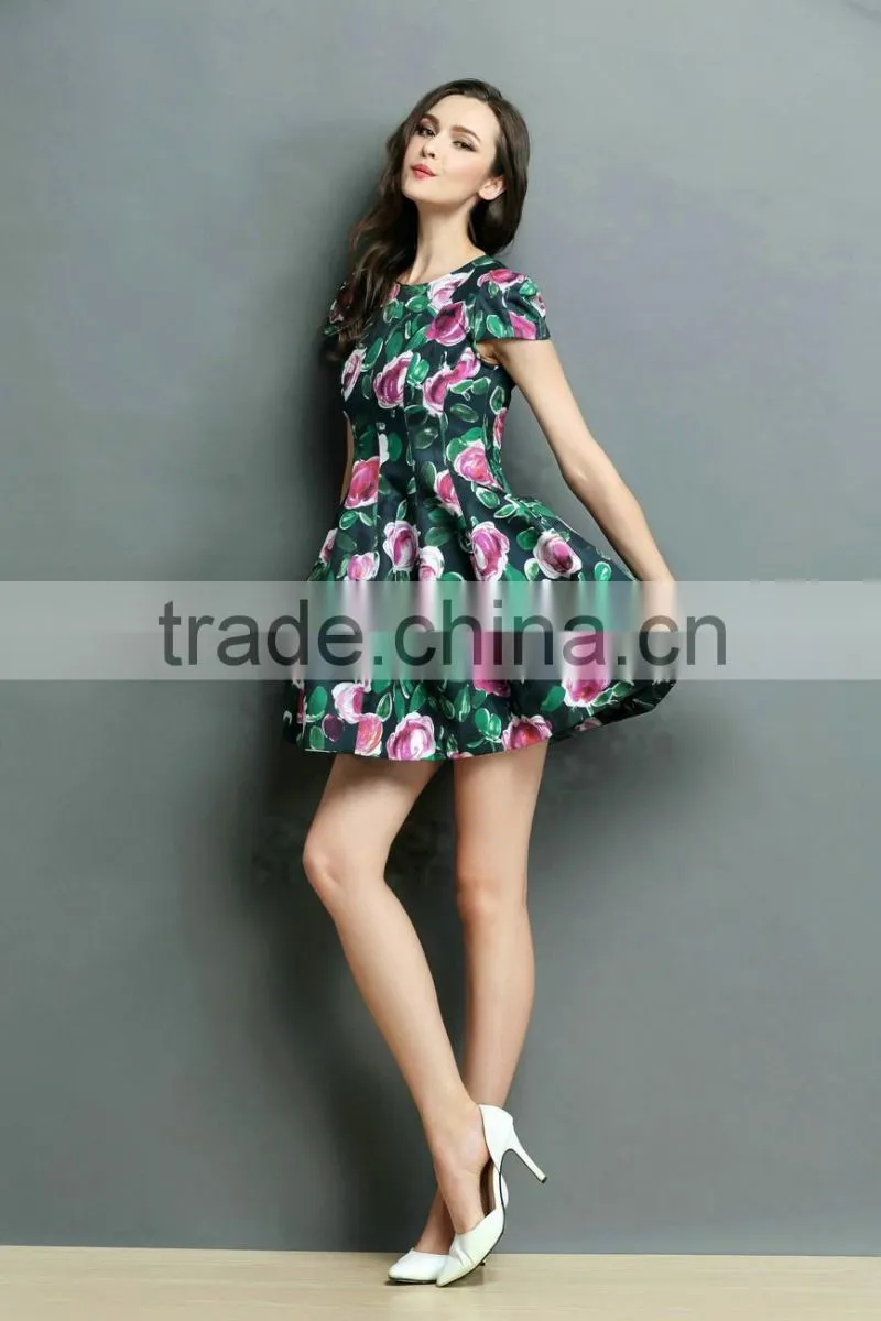 peony flower pattern emerald green beautiful lady fashion dress