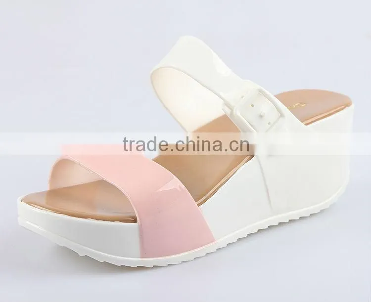 2015 Color Blocking Jelly Slippers Ladies Fashion Wedges Jelly Shoes