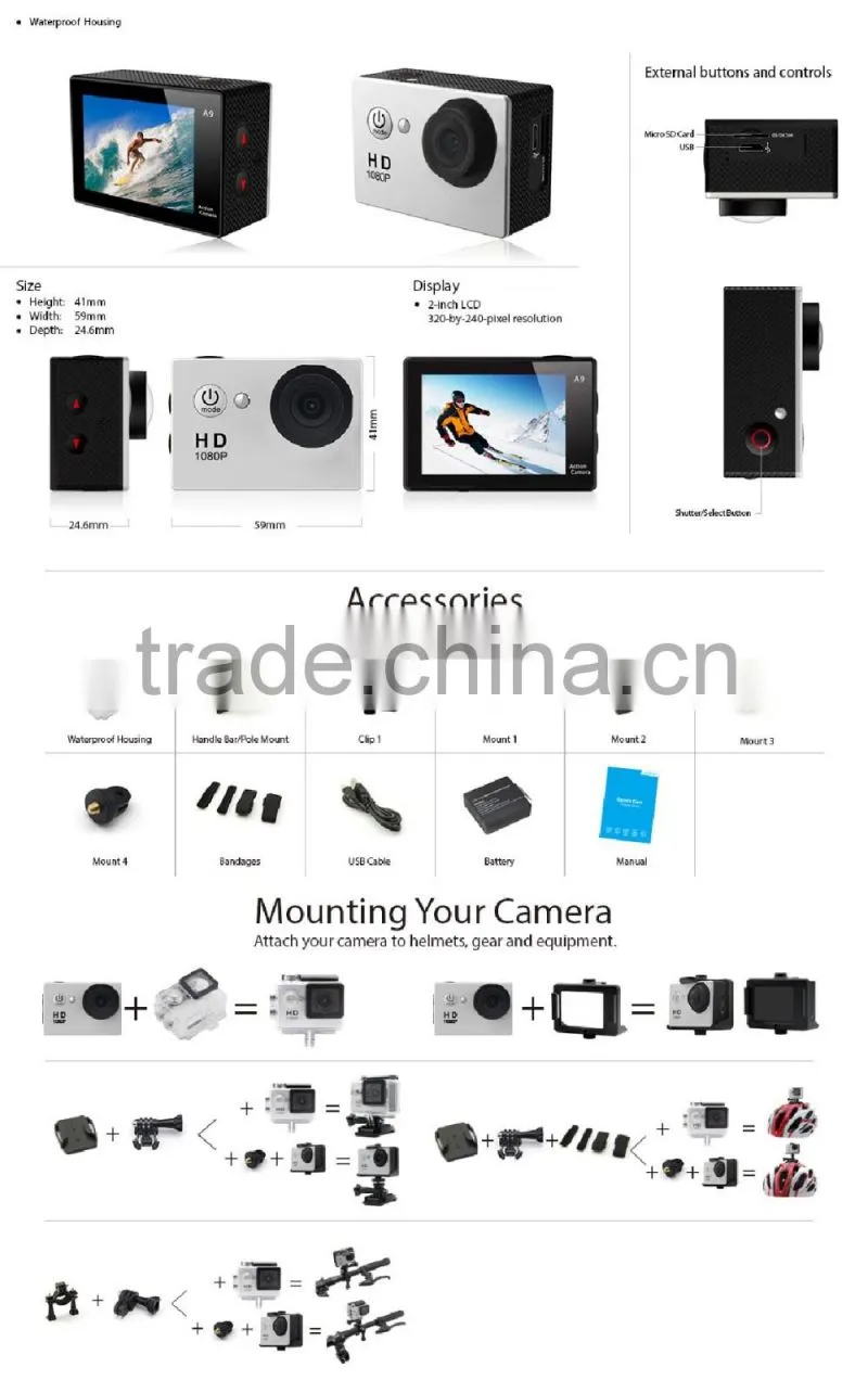 Hot product,2016! 1Waterproof 720P Full HD Sports Mini DV, 2.0" inches screen Sports Mini -- DV-05