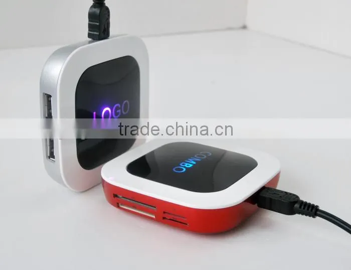 High Speed 2 Port USB HUB With card reader Combo with Light-up LED Logo