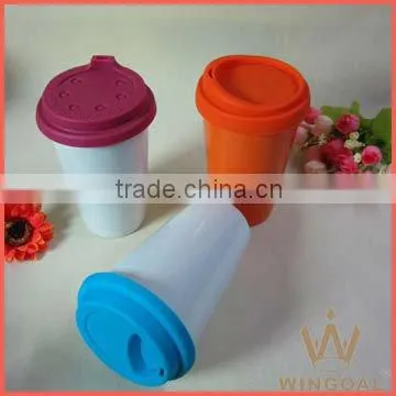 WG398 ceramic double wall travel mug with silicone lid,colorful ceramic mug