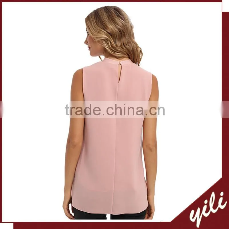 2015 women's chiffon sleeveless blouse beaded v neck designs tops for ladies