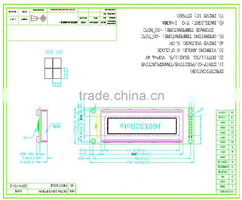 160x32 COB lcd module ,Yellow-Green STN,dot-martix lcd display
