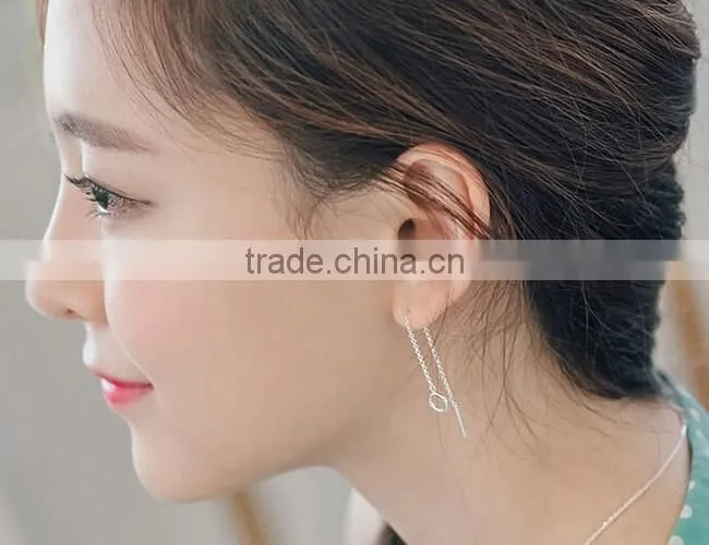 925 Sterling Silver Circle Charm Long Dangle Thread Line Threader Earrings