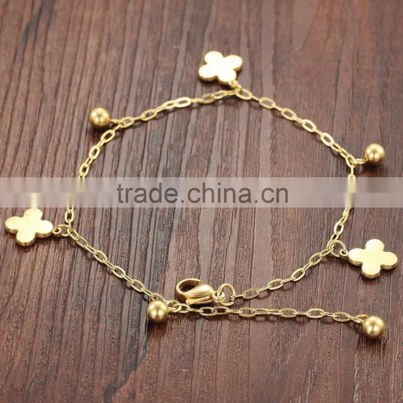 Lucky 18K Gold Plated Stainless Steel Four Leaf Charm Anklet Ankle Bracelet