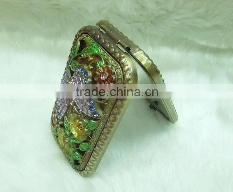 Butterfly and flower bronze pocket mirror with rhinestone