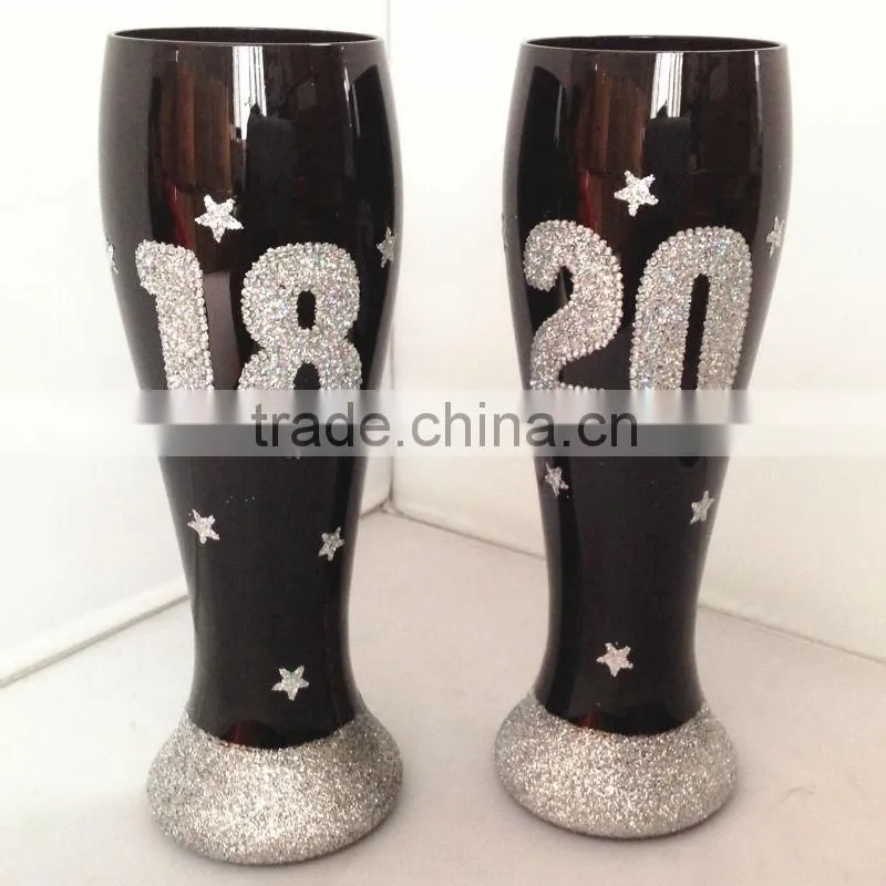 2014 new developed beer glass with decorative silver powder