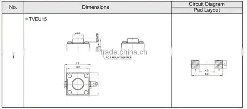 FTVEU15 smd 6.2x6.2x4.3mm tactile momentary touch switch overlay
