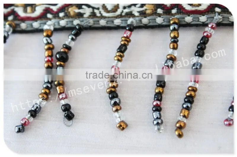 Newest design 5 cm width ethnic embroidery nylon webbing with beaded fringe